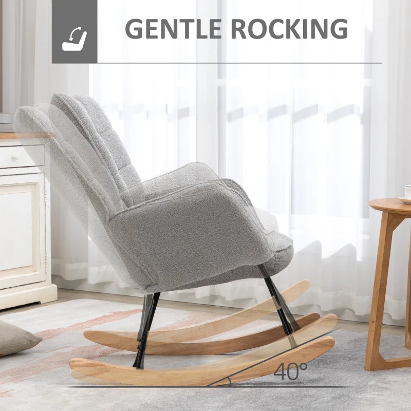 HOMCOM Accent Rocking Chair, Berber Fleece Nursery Glider Rocker, Modern Armchair, Wingback Chair for Living Room and Bedroom, Grey