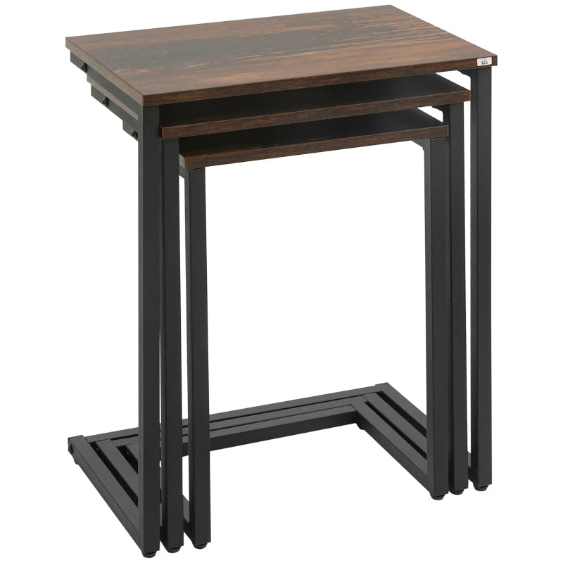 HOMCOM Nesting Side Tables Set of 3, C-Shaped Snack Side Tables with Steel Frame for Sofa Couch and Bed, Rustic Brown