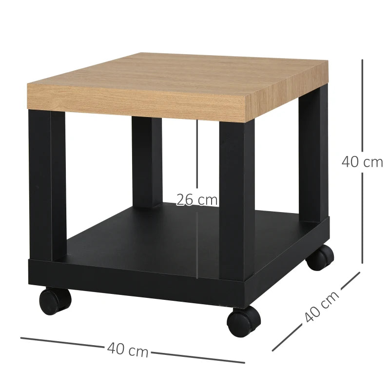 HOMCOM Sofa Side Table Square End Desk with Open Storage Shelf, Rolling Wheels, Free Moving for Home Office Studio