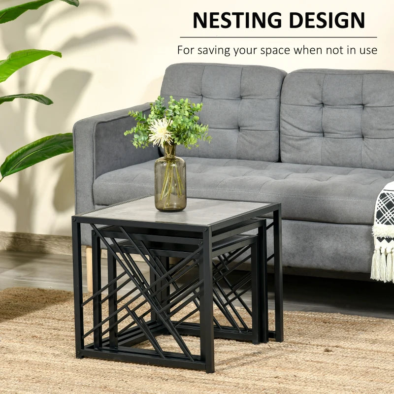 HOMCOM Set of 3 Nest of Tables Square Side Tables with Metal Frame, Grey