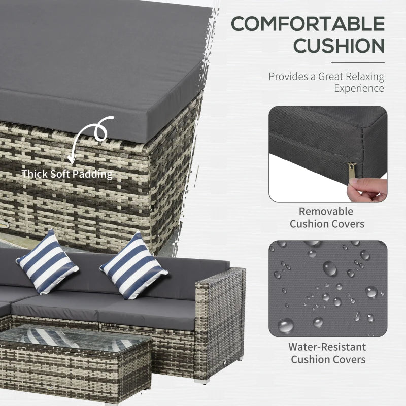 Outsunny 5 Pieces Rattan Sofa Set Wicker Sectional Furniture Cushion Grey Garden