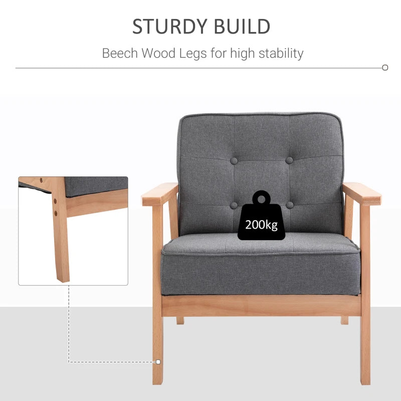 HOMCOM Sitting Chairs for Living Room, Wooden Accent Chair Lounge Armchair Retro Linen Fabric Upholstered w/ Arm Grey