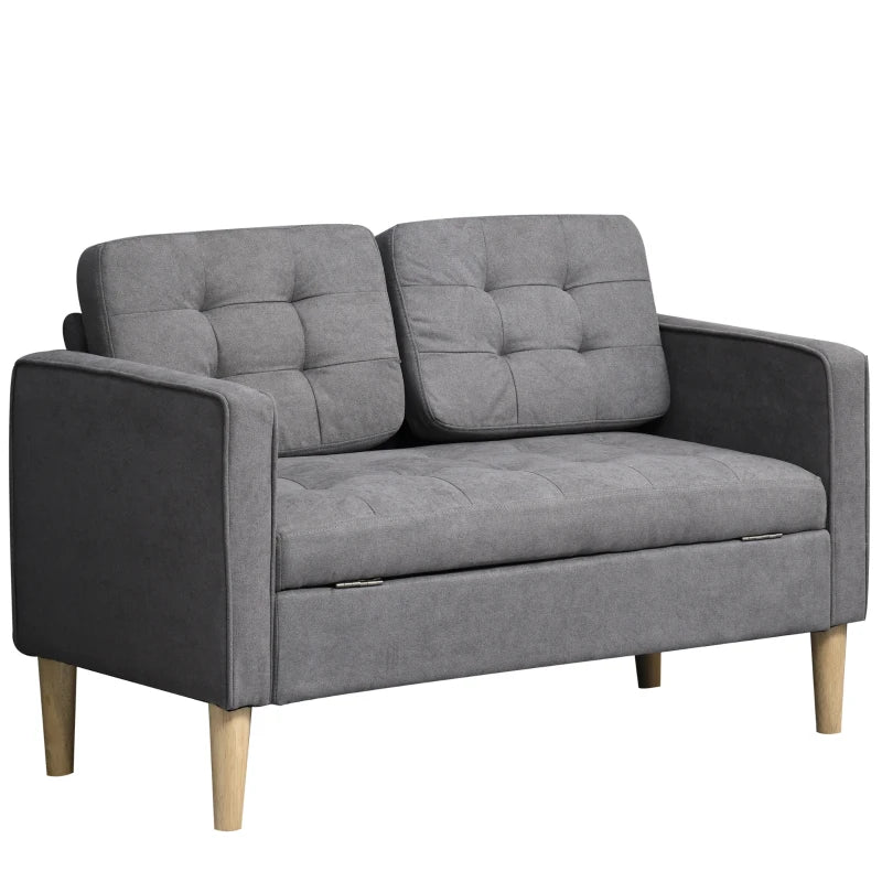 HOMCOM Modern 2-Seater Loveseat Button-Tufted Fabric Couch with Storage Chest, Rubberwood Legs, Grey
