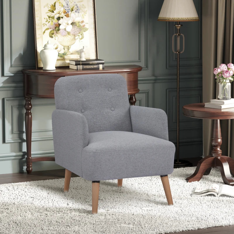 HOMCOM Upholstered Armchair, Living Room Chairs with Birch Wood Legs, Thick Padding and Button Mid-Back, Grey