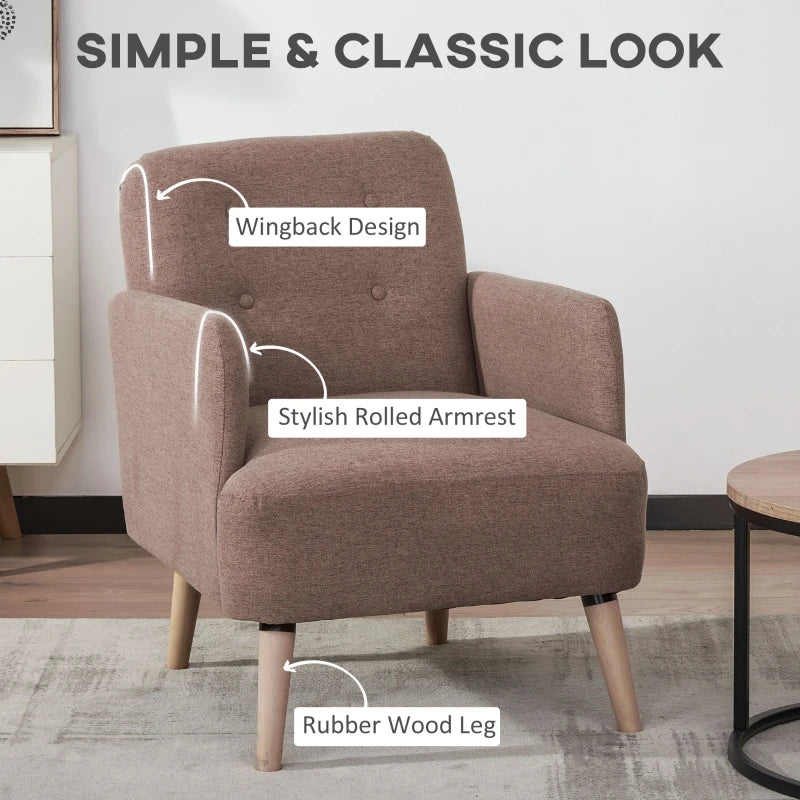 HOMCOM Upholstered Armchair, Living Room Chairs with Birch Wood Legs, Thick Padding and Button Mid-Back, Brown