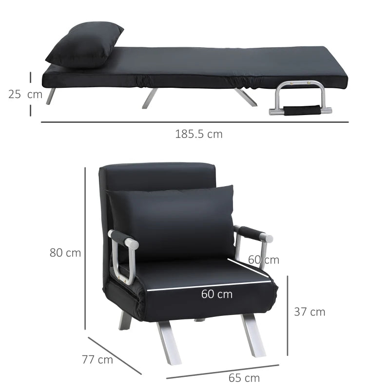 HOMCOM Convertible 1 Seater Armchair Sofa Bed Removable Grand Comfort Cushion Metal Armrest Feet Suede Black