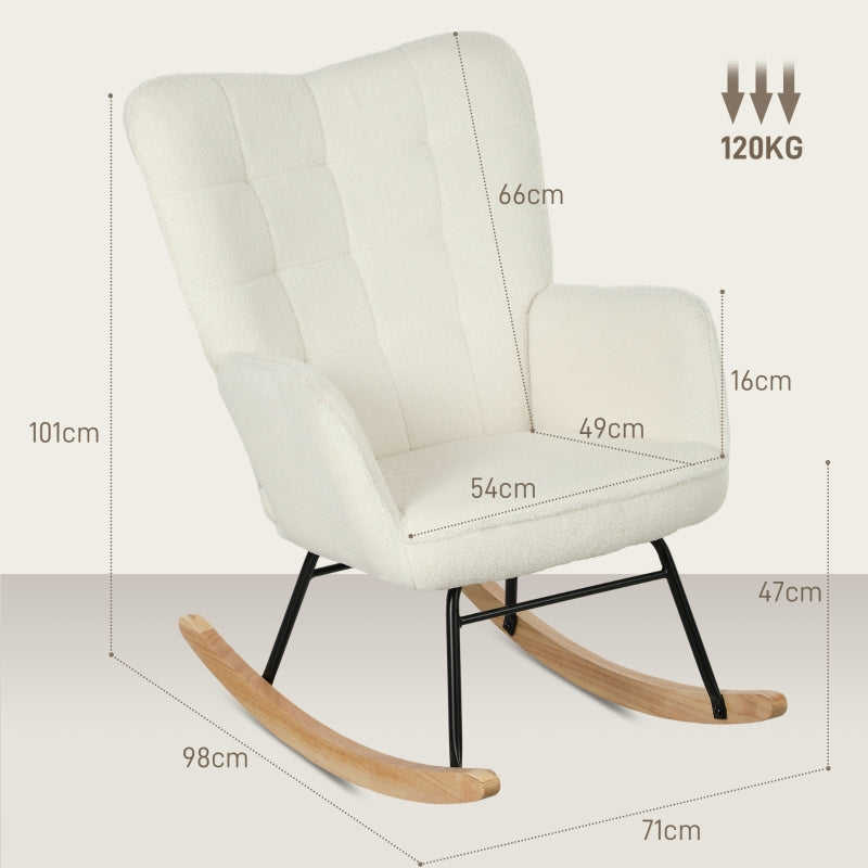 HOMCOM Rocking Chair in Fleece Look with Armrests, Ergonomic Armchair with Wooden Rockers, for Living Room, Bedroom, White