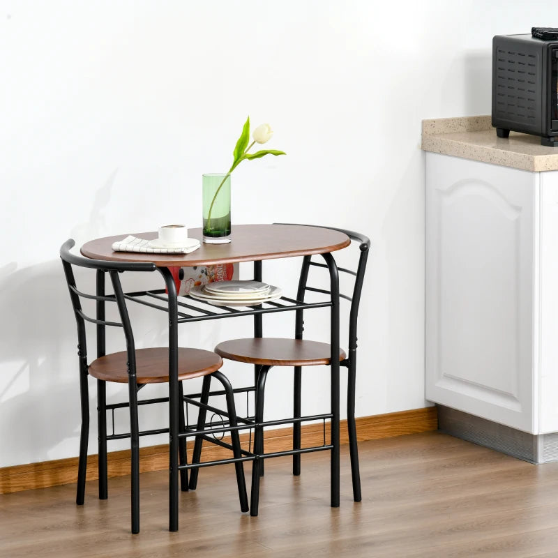 HOMCOM 3-Piece Dining Table Set , Metal Frame Wood Top Breakfast Bar Table Set for 2, Dining Table w/Storage Shelf & 2 chairs