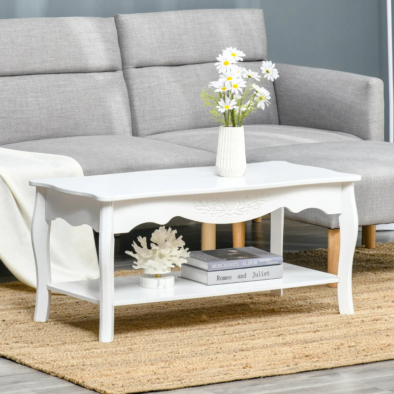 HOMCOM White Coffee Table Wood Cocktail Tea Centre Table with Storage Shelf for Living Room Reception Room, 94L x 44W x 42H cm