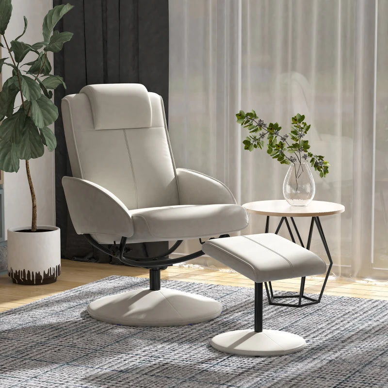 HOMCOM Recliner Chair with Footstool, 360° Swivel TV Chair with Reclining Function, Faux Leather, Reading Chair for Living Room, Bedroom, Gray