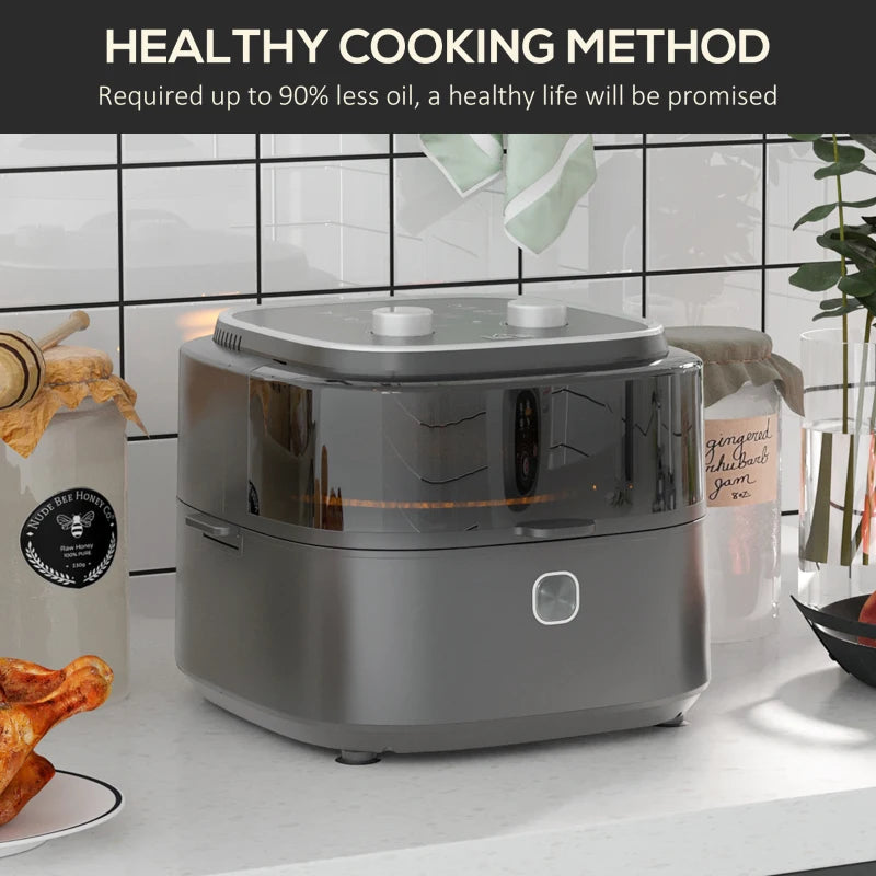 HOMCOM 6.5L Family Size Air Fryer Oven with Rapid Air Circulation and Recipes, Airfryer for Oil Free with Adjustable Temperature, 60-Minute Timer and Non-stick Basket, 1350W, Grey