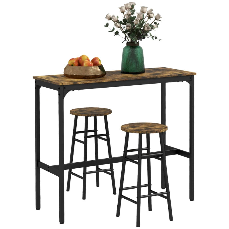 HOMCOM Industrial Design 2-Person Bar Table with 2 Stools Set, 3-Piece Bar Stool with Table Set, Brown + Black