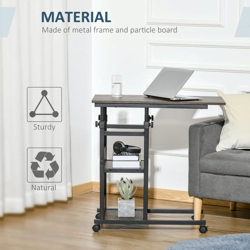HOMCOM 3-Tier Mobile Side Table, C-Shaped End Table, Industrial Couch Table with Adjustable Height, Storage Shelves, Rustic Brown