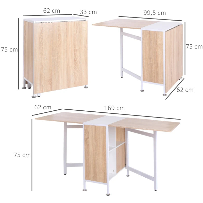 HOMCOM Foldable Drop Leaf Dining Table Folding Workstation for Small Space with Storage Shelves Cubes Oak & White