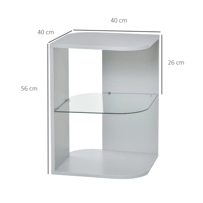 HOMCOM Modern Side Table, 3-tier Bedside Table, Nightstand with 2 Storage Shelves, Glass Shelf for Living room, Bedroom, Corner, Grey