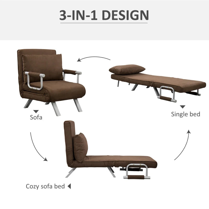 HOMCOM Convertible 1-Seater Armchair Sofa Bed with Removable Quilted Upholstery Grand Comfort Cushion Metal Armrests Suede Brown
