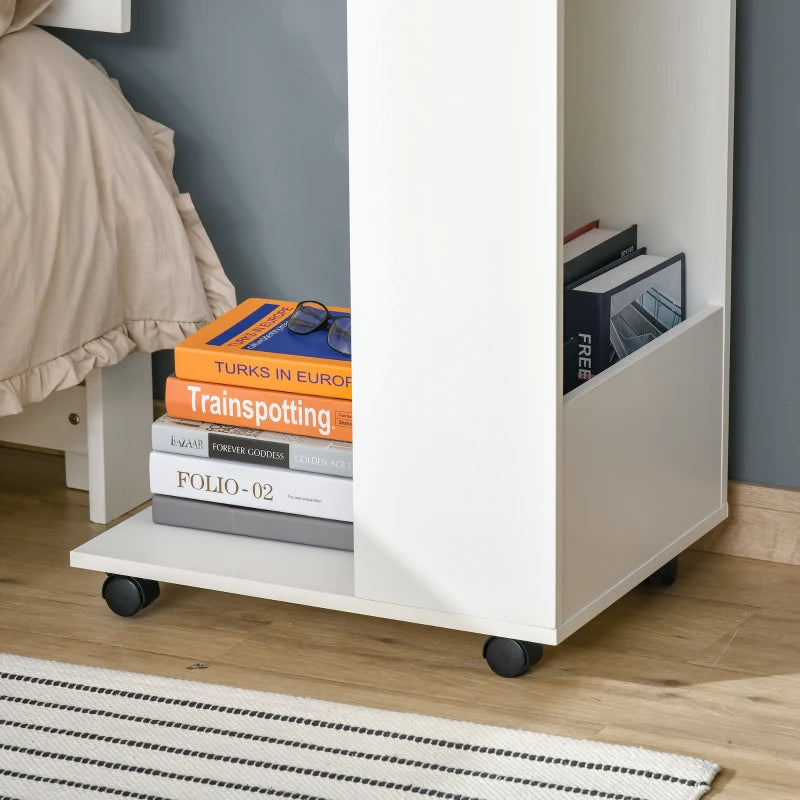 HOMCOM C-Shape Sofa Side Table with Wheels and Storage, Mobile End Table for Laptop, Coffee, Snack, White
