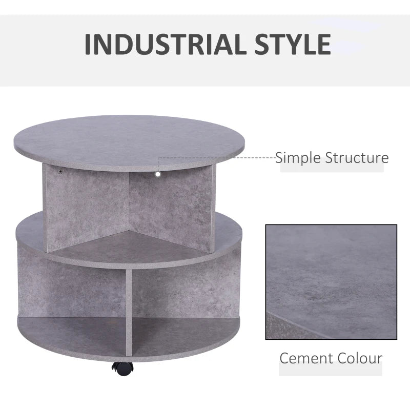 HOMCOM Coffee Table with Wheels, Round, with Storage, 2 Tier, Divider Shelves Lamp Desk Storage