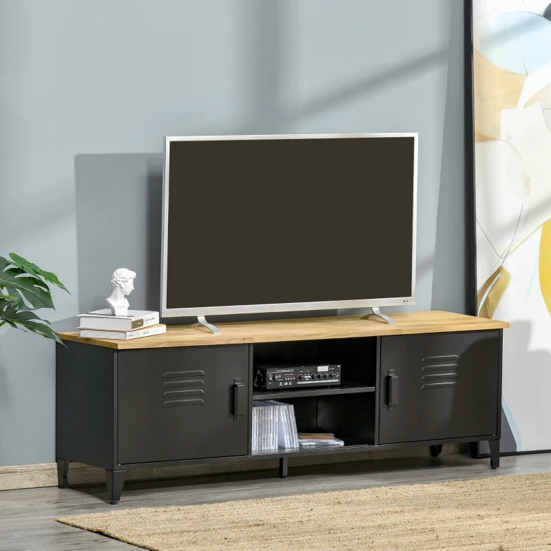 HOMCOM TV Stand TV Stand for 55'' TVs with 2 Cupboards Adjustable Feet Black Metal Frame Natural Wood Top 150 x 40 x 50 cm