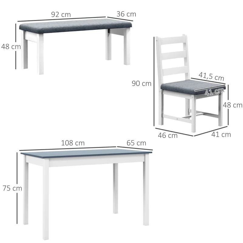HOMCOM Dining Set, 4-Piece Dining Table Set, 1 Table, 1 Bench, 2 Chairs, Gray + White