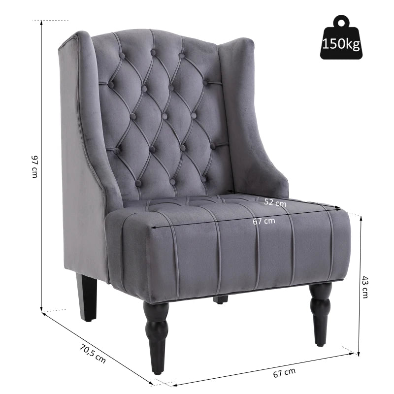 HOMCOM Velvet Fabric Tufted French Style Tall Wingback Accent Chair Home Décor with Extra Wide Seat, Wooden Legs, Grey