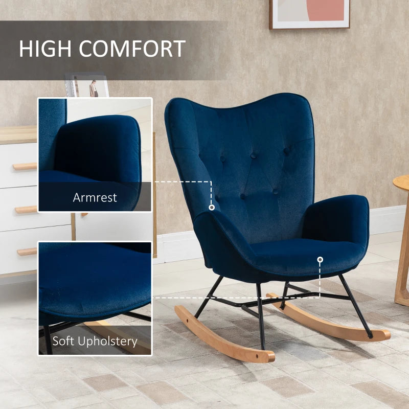 HOMCOM Rocking Chair with Ear Wings Rocking Chair High Comfort Armrests Deep Seat Foam padding Velvet-Look Blue