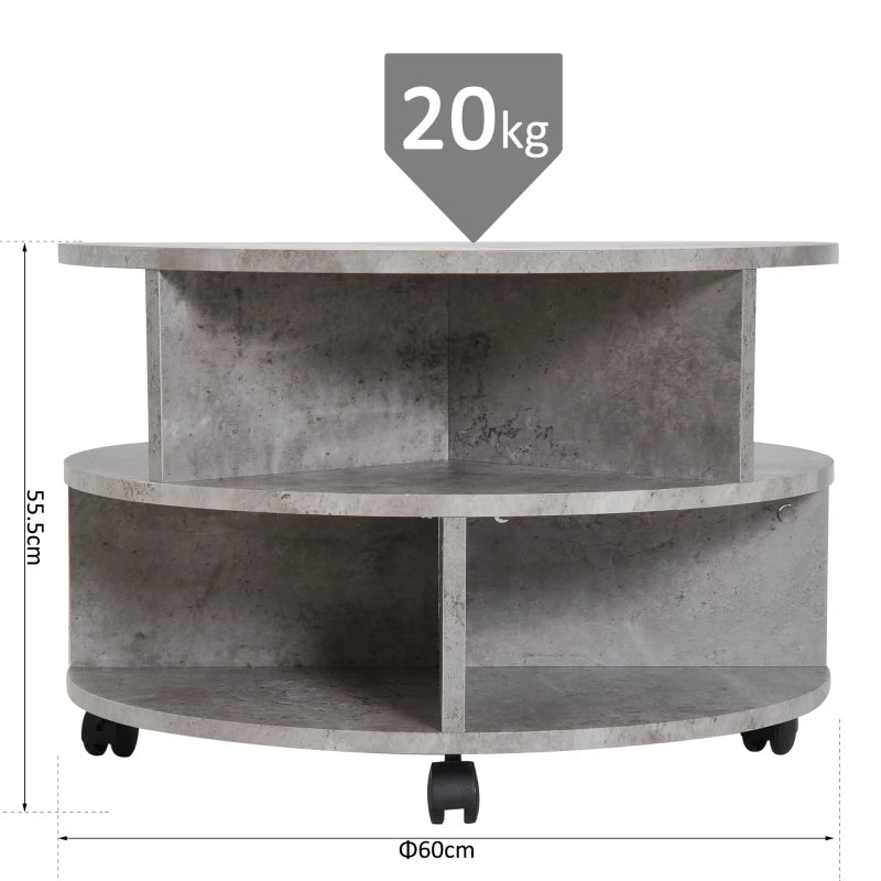 HOMCOM Coffee Table with Wheels, Round, with Storage, 2 Tier, Divider Shelves Lamp Desk Storage