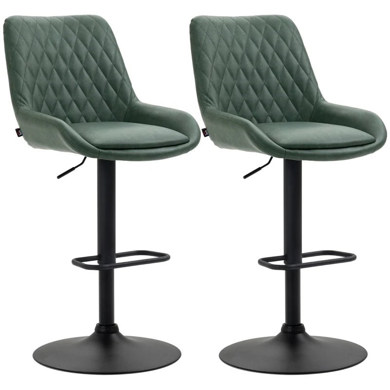 HOMCOM Retro Bar Stools Set of 2, Adjustable Kitchen Stool, Upholstered Bar Chairs with Back, Swivel Seat, Green