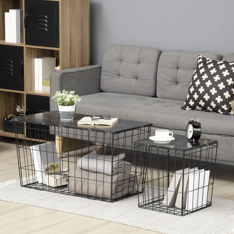 HOMCOM Side Table Marble Top, Black, with Storage, for Living Room Bedroom