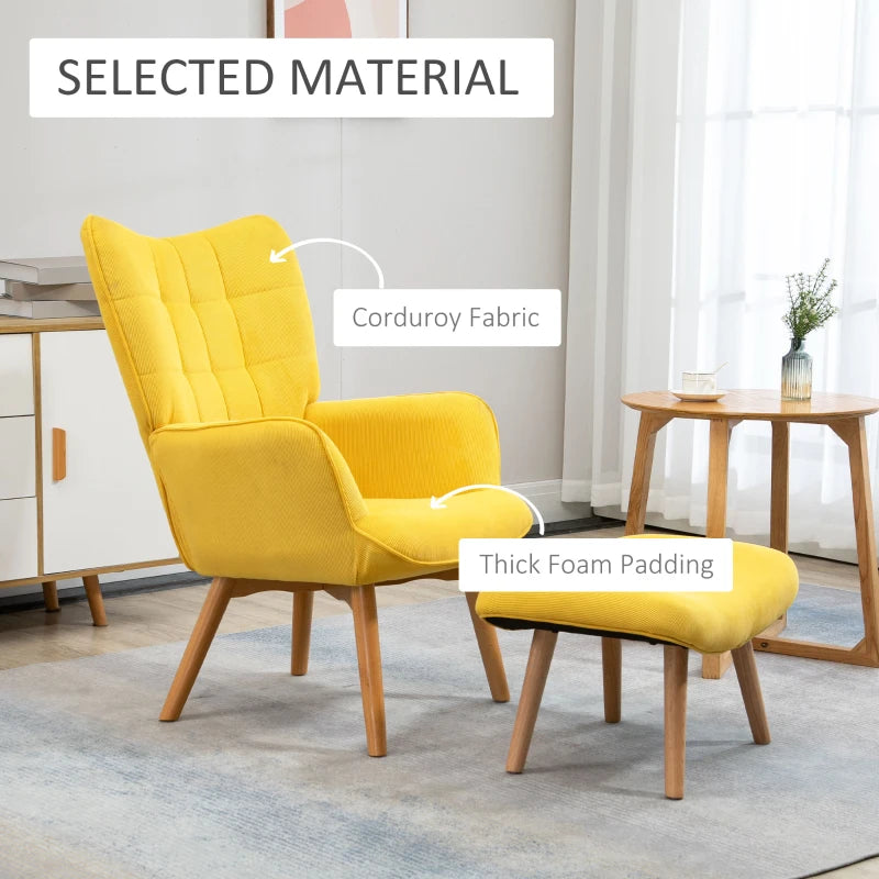 HOMCOM Modern Accent Chair with Ottoman, Living Room Chairs with Steel Frame, Wooden Legs for Living Room, Study, Bedroom and Home Office, Yellow