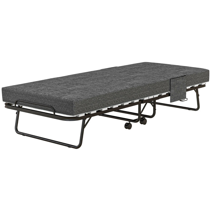 HOMCOM Single Steel Frame Folding Bed, with Wheels - Black/Grey