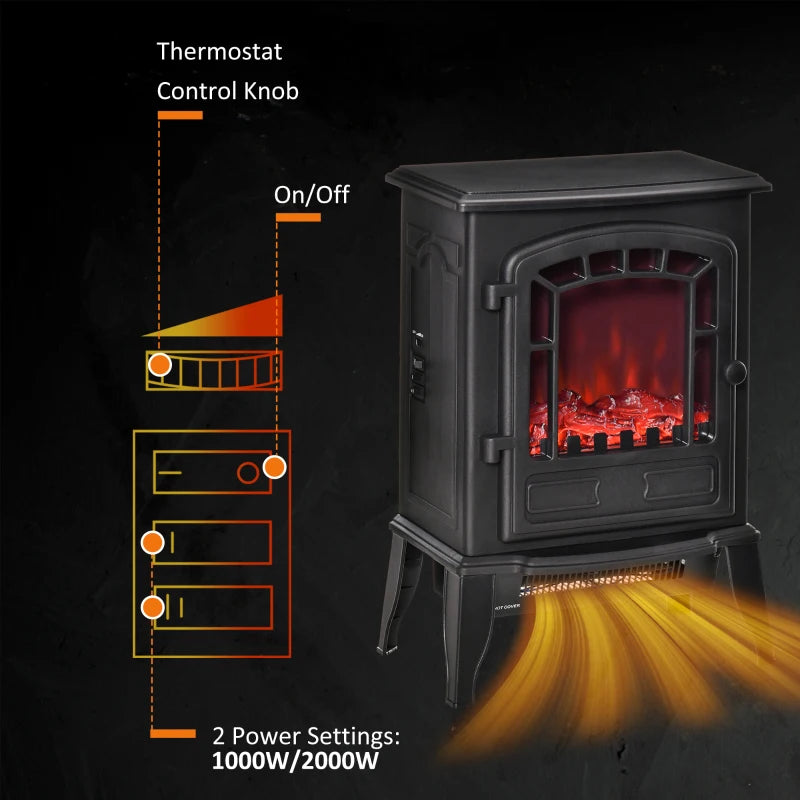 HOMCOM Free standing Electric Fireplace Stove, Fireplace Heater with Realistic Flame Effect, Overheat Safety Protection, 1000W/2000W, Black
