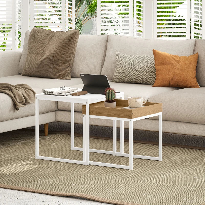 HOMCOM Set of Two Boxy Nesting Tables - White/Wood-Effect