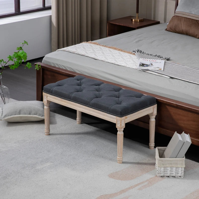 HOMCOM Vintage Design Upholstered Bench, Tufted Buttons, Turned Legs, Shabby Chic, Dark Gray