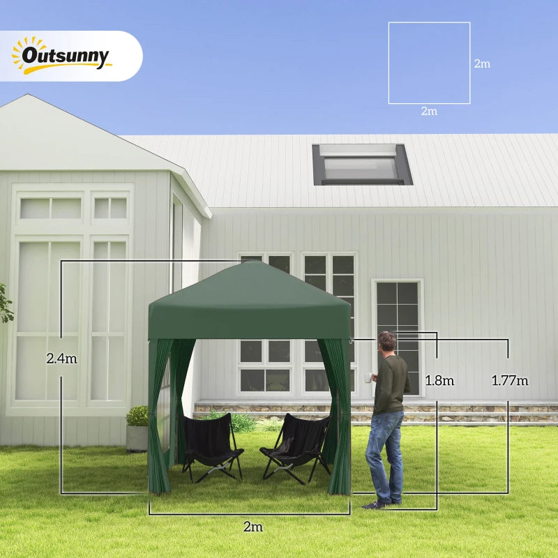 Outsunny 2 x 2m Pop Up Gazebo, w/Side Walls, Windows-Green