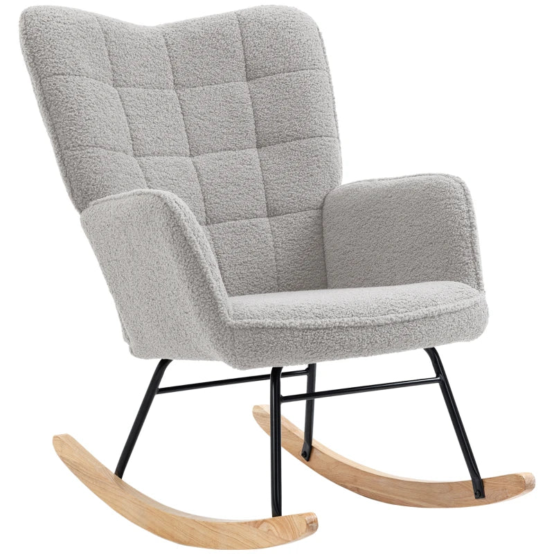 HOMCOM Accent Rocking Chair, Berber Fleece Nursery Glider Rocker, Modern Armchair, Wingback Chair for Living Room and Bedroom, Grey