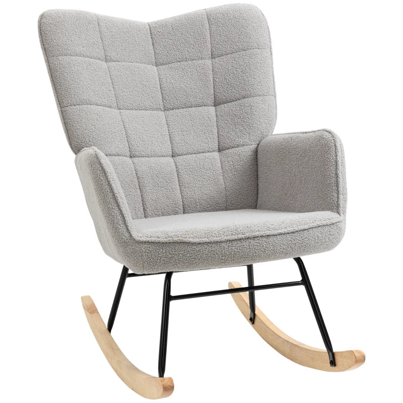 HOMCOM Accent Rocking Chair, Berber Fleece Nursery Glider Rocker, Modern Armchair, Wingback Chair for Living Room and Bedroom, Grey