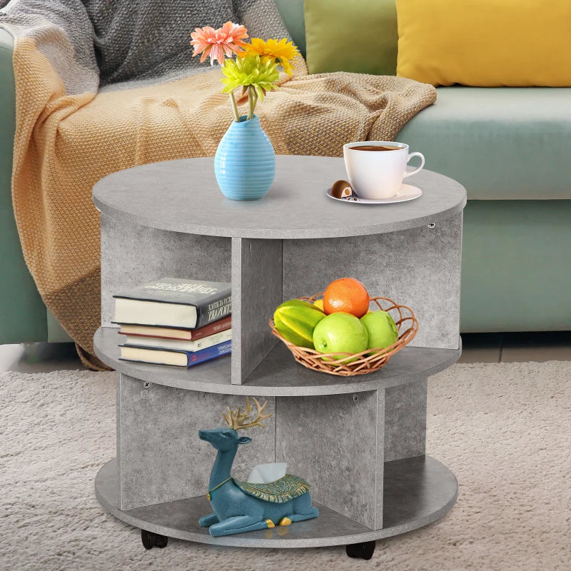 HOMCOM Coffee Table with Wheels, Round, with Storage, 2 Tier, Divider Shelves Lamp Desk Storage
