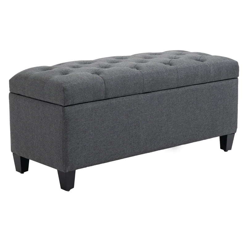 HOMCOM Upholstered Storage Bench Ottoman Classic Design with Linen-Like Fabric and Rubberwood Legs, Dark Grey