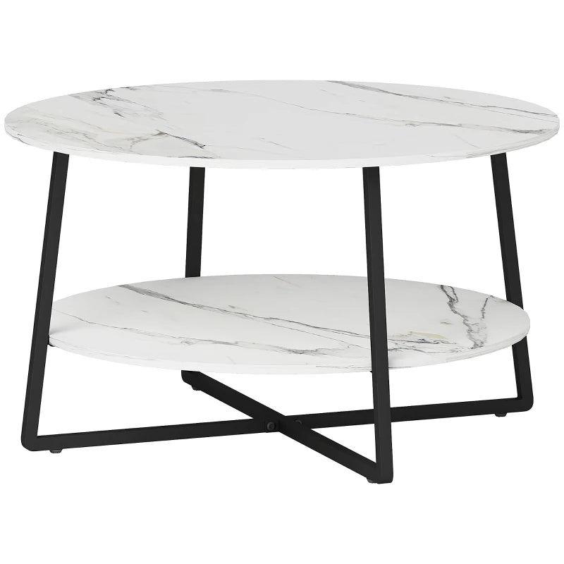 HOMCOM 2-Tier Round Coffee Table with Storage Shelf, Living Room Table with Marble Effect Top and Steel Frame, White