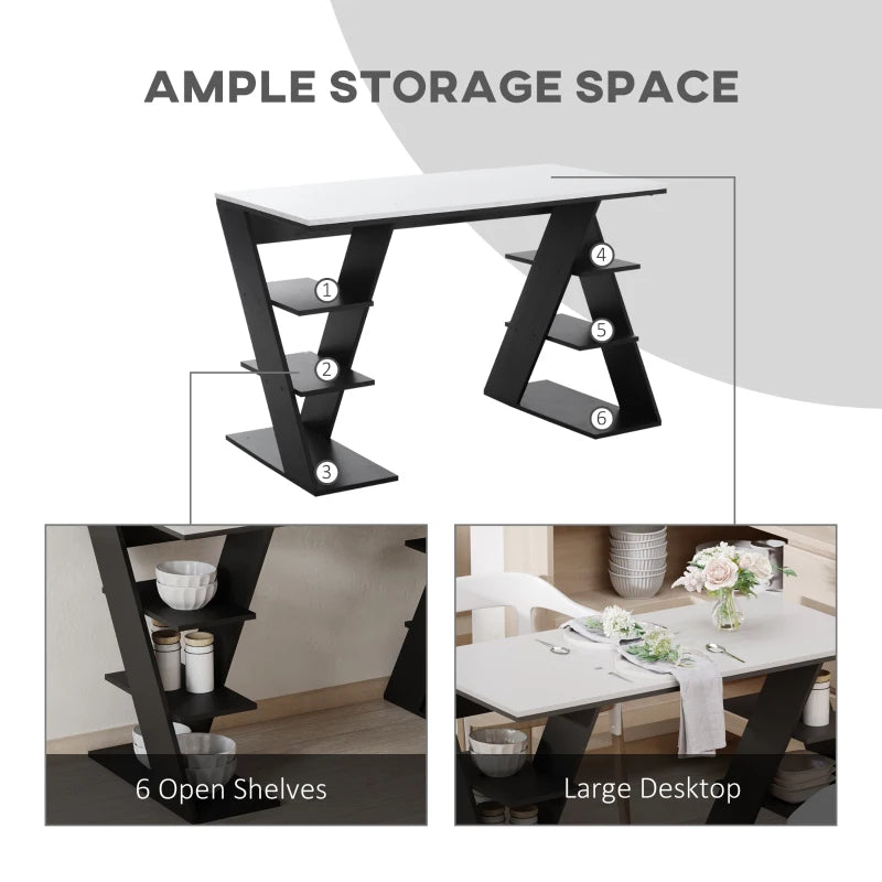 HOMCOM Study Desks with Storage, 120x60x75.5cm Laptop Workstation with 6 Open Shelves White and Black
