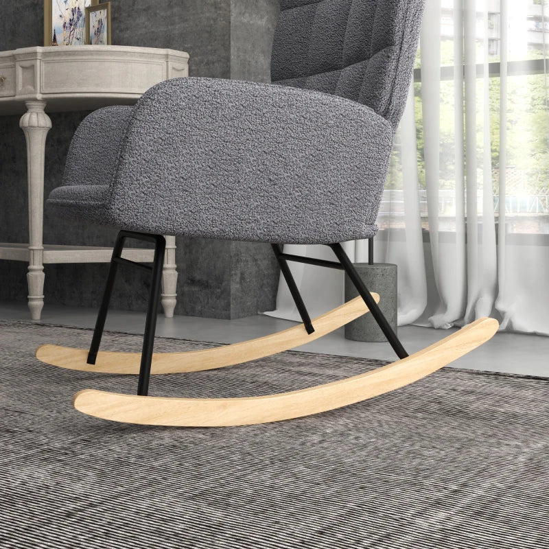 HOMCOM Berber Fleece Nursery Glider Rocker for Nursing, Wingback Rocking Chair for Living Room, Dark Grey