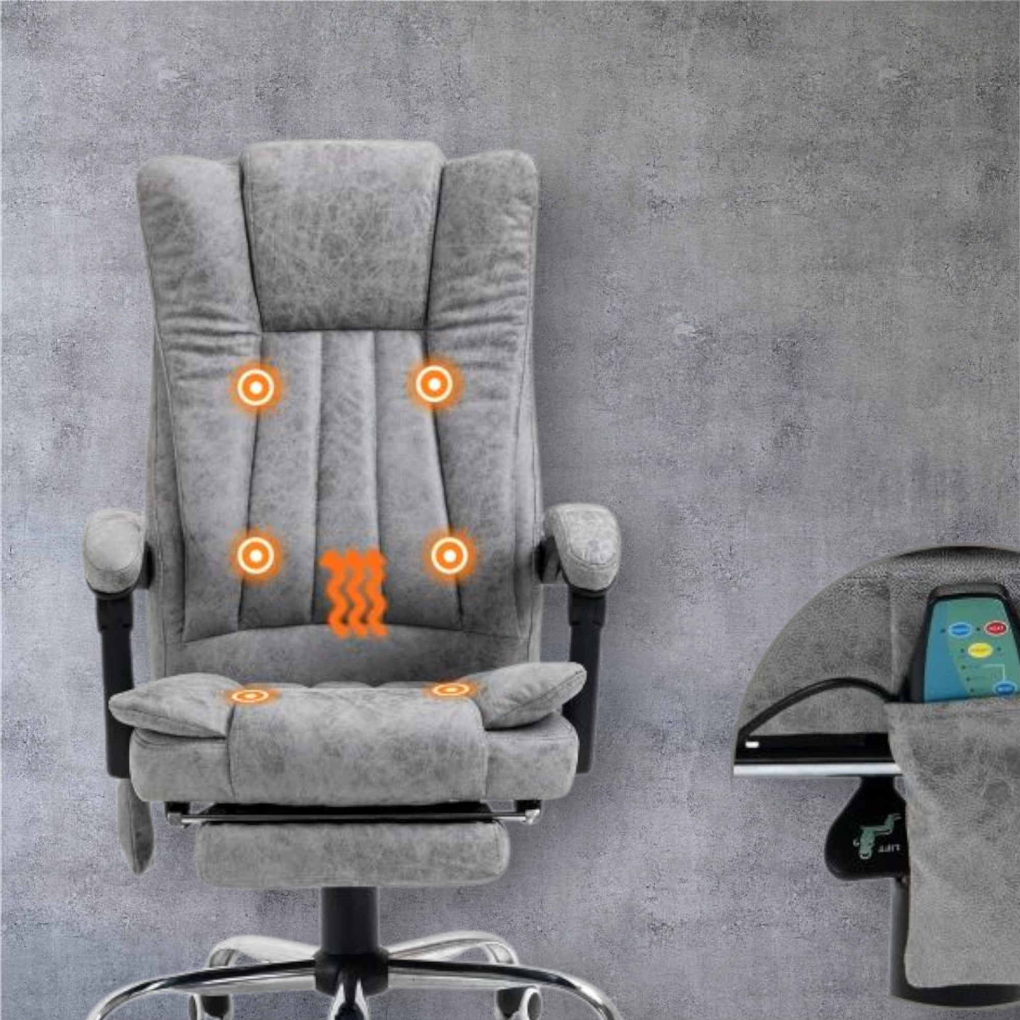 Office Chair with Massage and Heat, Microfibre Reclining Computer Desk Chair with Footrest and Adjustable Height, Swivel Wheels for Home Office, Grey