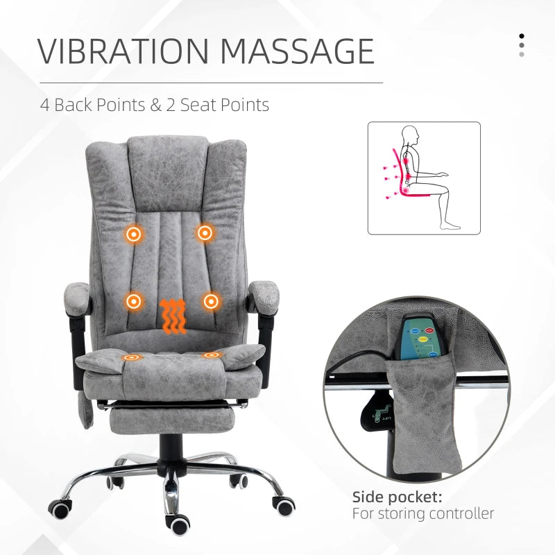 Vinsetto Office Chair with Massage and Heat, Microfibre Reclining Computer Desk Chair with Footrest and Adjustable Height, Swivel Wheels for Home Office, Grey