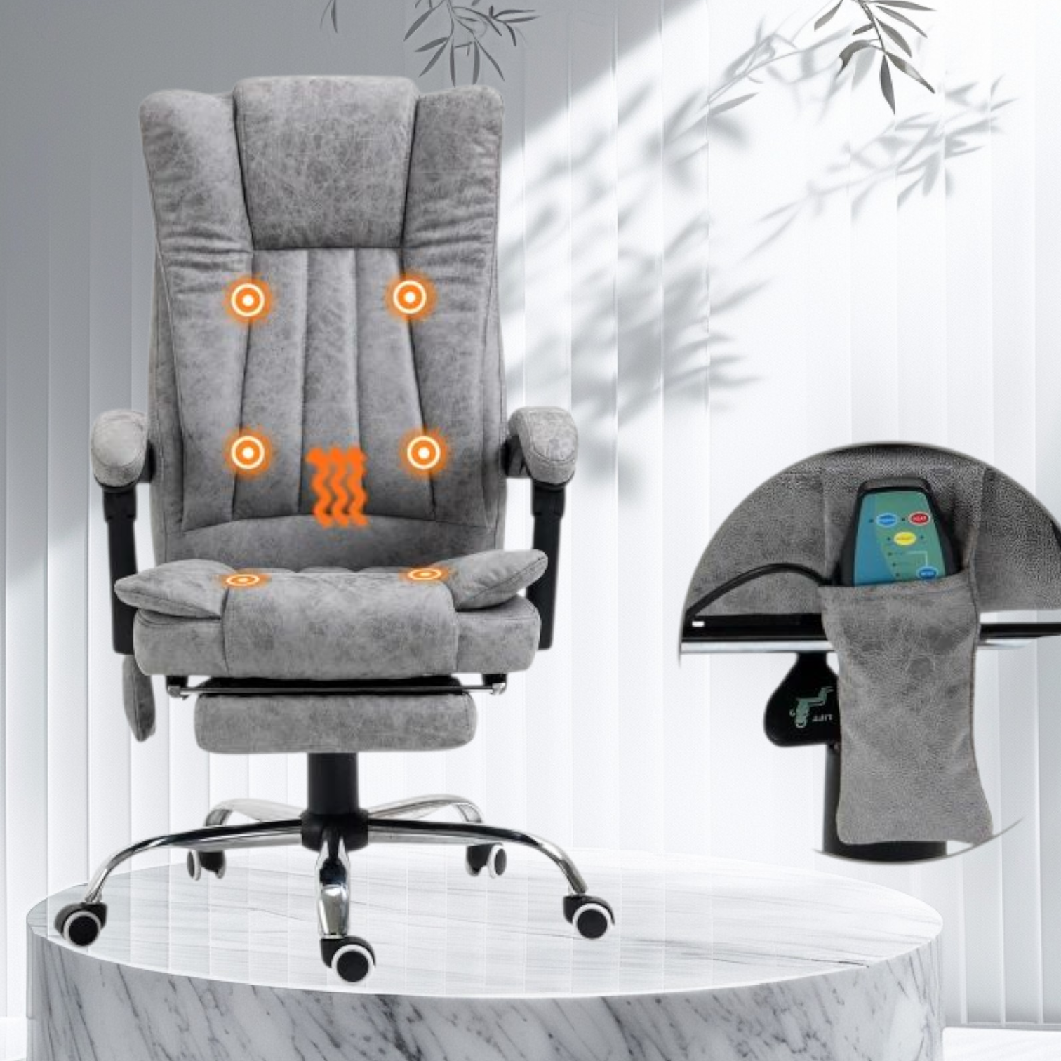 Office Chair with Massage and Heat, Microfibre Reclining Computer Desk Chair with Footrest and Adjustable Height, Swivel Wheels for Home Office, Grey