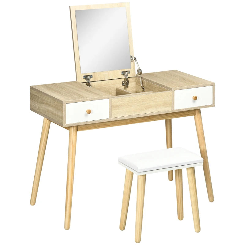 HOMCOM Dressing Table Set with Flip Top Mirror and Cushioned Stool, Makeup Vanity Dressing Table Dresser Desk with 2 Drawers and Storage Grids for Bedroom, Natural