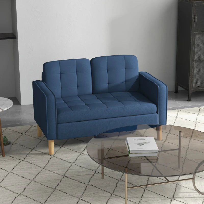 HOMCOM Modern Loveseat Sofa, Compact 2 Seater Sofa with Hidden Storage, 117cm Tufted Cotton Couch with Wood Legs, Blue
