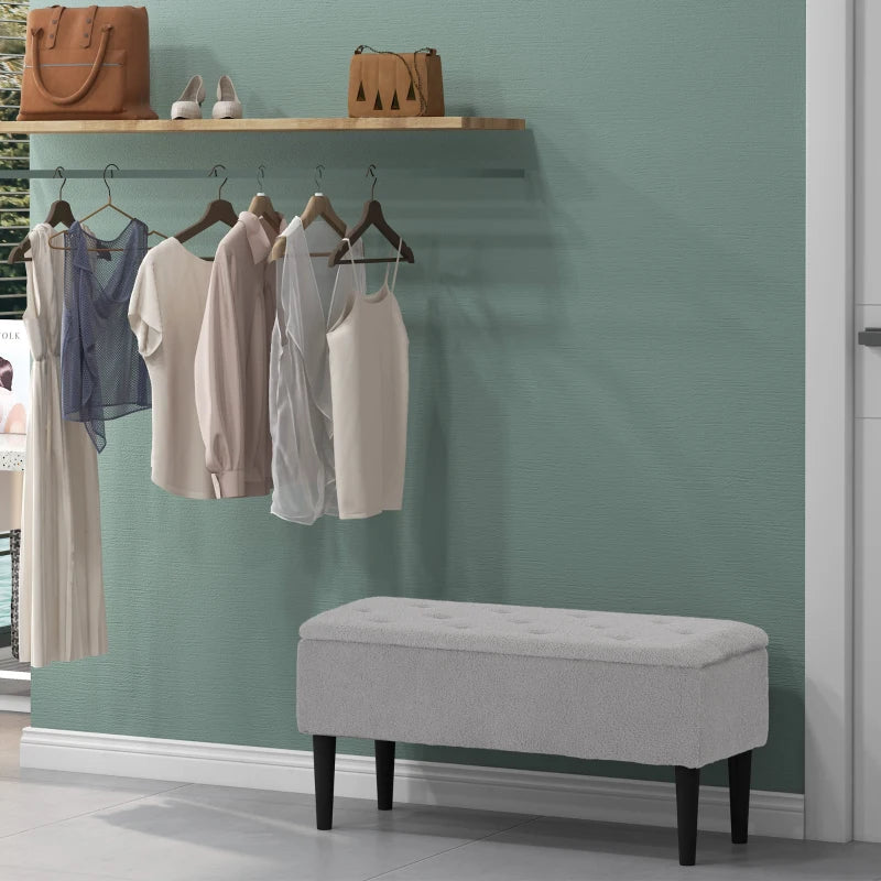HOMCOM Storage Bench Storage Chest Cashmere Surface Rubberwood Legs 95 x 38 x 45 cm Gray
