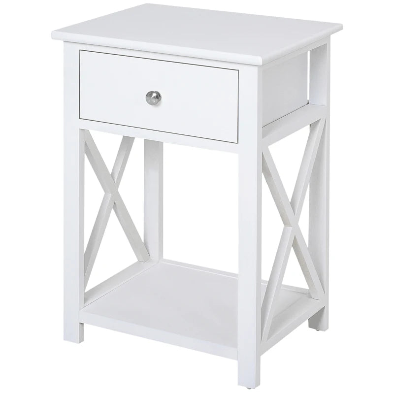 HOMCOM Farmhouse End Table, Sofa Side Table with Drawer, Bottom Shelf and X-frames, Bedside Table for Bedroom, White