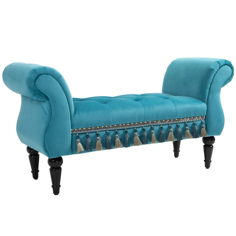 HOMCOM Bed End Bench, Vintage Bench Seat with Armrest and Button Tufted, Velvet Upholstered Footstool for Bedroom, Blue